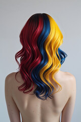 Back View of Woman with Multicolored Hair in Red Yellow Blue Isolated on Clean White Background