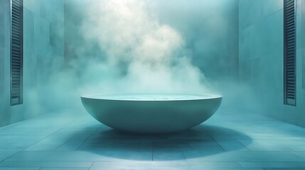 Modern bathtub surrounded by floor vents emitting mist on modern pool background