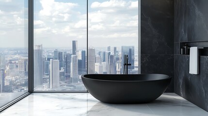 Modern black bathtub in a minimalistic penthouse overlooking a city skyline on marble background