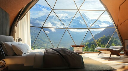 Modern geodesic dome tent with panoramic mountain views