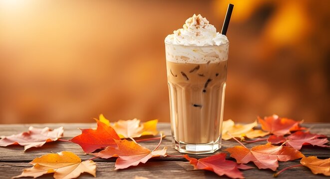 Iced Coffee with Whipped Cream on a Table with Autumn Leaves - Seasonal Pumpkin Spice Latte with Fall Background and Copy Space