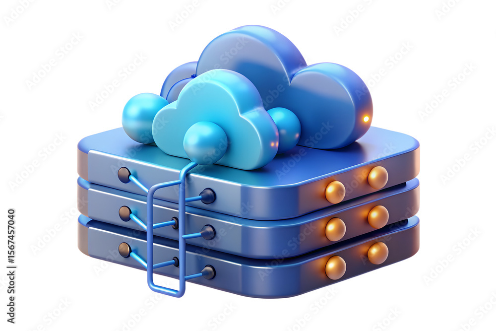 Poster futuristic illustration showcasing cloud computing and server infrastructure on a clean, dark backdr