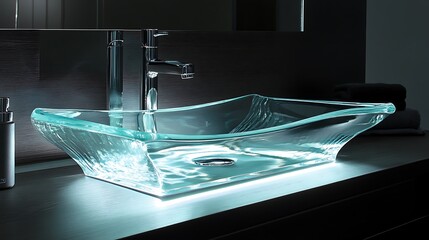 Modern glass sink with crystal clear design and LED light base