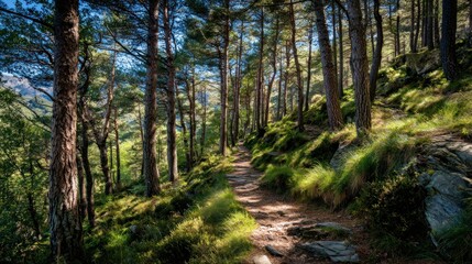 Fototapeta premium Sunny forest path winding through tall trees