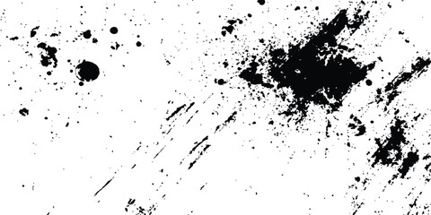 Abstract ink splatter background with black and white textures. A dynamic and chaotic effect, movement with different sizes of spots, splashes, drips, drops and smudges. Isolated on white background. 