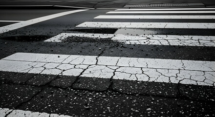 Worn Street Crossing After Rain With Cracked Markings And Asphalt Damage