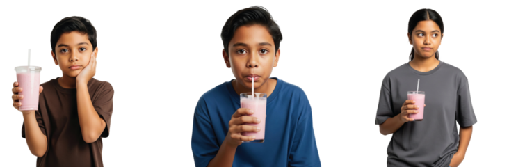 Three diverse children, two boys and one girl, looking unenthusiastic and bored while holding and drinking unhealthy sugary milkshakes, highlighting common childhood aversion to bland or sugary-sweet