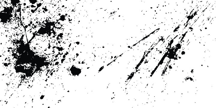 Abstract ink splatter background with black and white textures. A dynamic and chaotic effect, movement with different sizes of spots, splashes, drips, drops and smudges. Isolated on white background. 