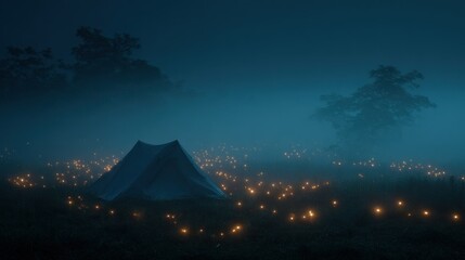 Misty night, tent in field of glowing lights