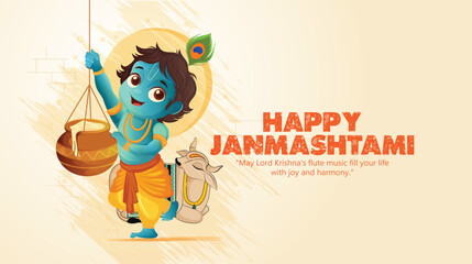 Janmashtami Celebration with Illustration of lord Krishna and baby Krishna and peacock feather Traditional Elements
