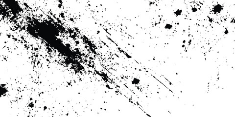 Abstract ink splatter background with black and white textures. A dynamic and chaotic effect, movement with different sizes of spots, splashes, drips, drops and smudges. Isolated on white background. 