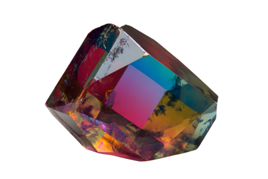 A vibrant, multicolored crystal with sharp facets and a polished, geometric structure.