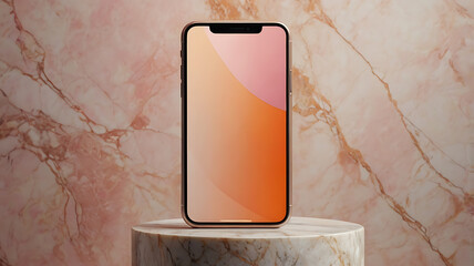 A smartphone standing vertically on an abstract stone or marble pedestal. The phone screen displays a soft pink and orange gradient, giving a warm and elegant tech aesthetic. Use minimal, clean backgr