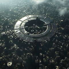 Cityscape with a circular structure.