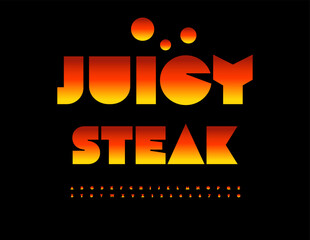 Vector Culinary board Juice Steak for Cafe. Bright Burn Font. Fire Alphabet Letters and Numbers set.