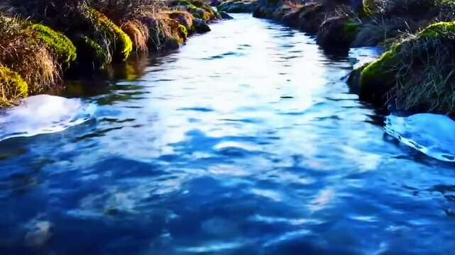 Sungai es Skandinavia, vegetasi lumut, air mengalir stabil, Realistis, 3D look (cinematic), Statis (kamera diam), Smooth (gerakan tidak tersendat), 4K resolusi, Loopable seamless