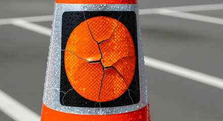 Worn Traffic Cone With Cracks Reflecting Sunlight On The Asphalt Surface