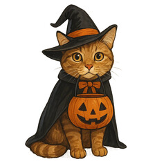 Spooky Cat's Halloween Haunt: An adorable, illustrated cat, dressed in a witch's hat and cape, cradles a pumpkin-shaped candy pail, ready for Halloween fun.