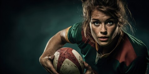 Female Rugby Player Holding Ball During Game