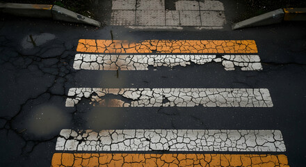 Worn Urban Crossing Stripes In Need Of Repair And Maintenance On A Paved Road
