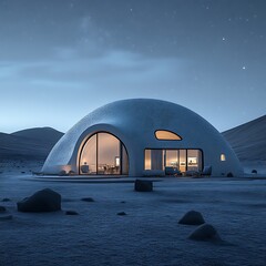 Modern dome-shaped house at night on a desolate landscape.