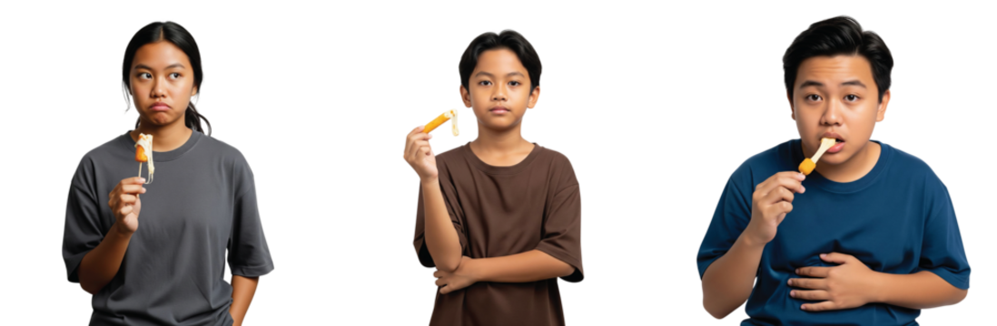 Three diverse children, two boys and one girl, looking displeased and bored while holding and eating unhealthy fast food corn dogs, highlighting common childhood aversion to bland