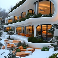 Modern architectural building with outdoor seating in winter snow.