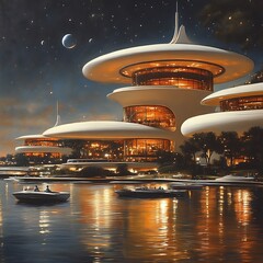 Futuristic cityscape at twilight, reflecting on water.
