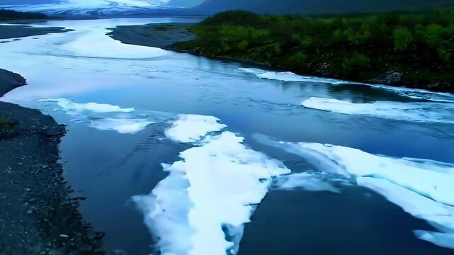 Sungai glasial musim panas, air sangat dingin, tepian es retak diam, Realistis, 3D look (cinematic), Statis (kamera diam), Smooth (gerakan tidak tersendat), 4K resolusi, Loopable seamless