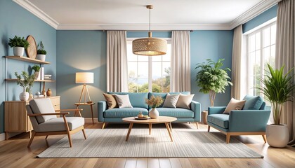 Fototapeta premium Serene Blue Living Room Interior Design Modern Comfort and Style