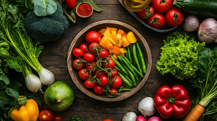 Top-down view of a vibrant plant-based meal with fresh organic vegetables, artfully arranged on a rustic wooden table. Perfect for healthy eating, vegan lifestyle. Generative AI.