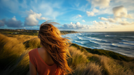 Romantic coastal escape with a young woman with tousled golden hair gazing at the horizon. Perfect for travel and lifestyle themes. Generative AI.