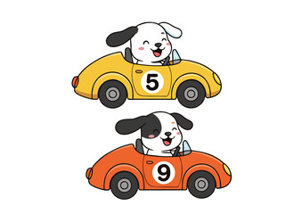 Two Happy Dalmatian Puppies Driving Retro Race Cars.