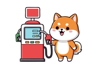 Adorable Shiba Inu Dog Cartoon Holding Gas Pump Nozzle Smiling Happily.