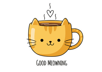 Cute Cartoon Coffee Cup Cat with Good Mewning.