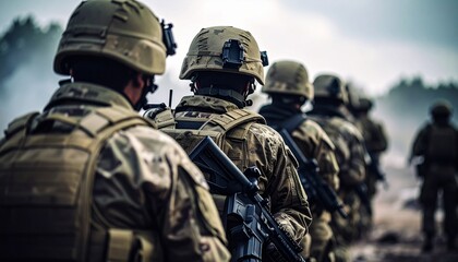 Obraz premium Military Personnel in Formation A Powerful Image of Soldiers