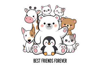 Obraz premium Adorable Group of Cartoon Animals: Polar Bear Penguin Giraffe Cats and Dog.
