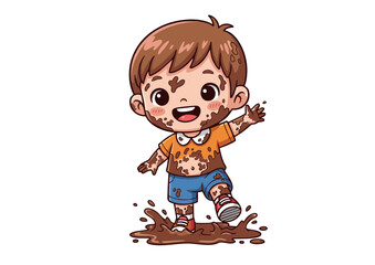 Cartoon Boy Covered in Mud Splashing in Puddle Wearing Orange Shirt.