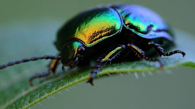 Metallic green dock beetle perched on a leaf