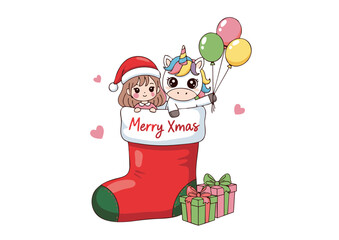 Obraz premium Adorable Christmas Stocking with Girl Unicorn and Balloons Merry Xmas.