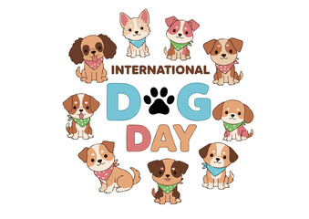 International Dog Day Illustration with Cute Cartoon Puppies and Paw Print.