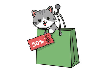 Cartoon Gray Kitten in Green Shopping Bag with 50 Off Coupon.