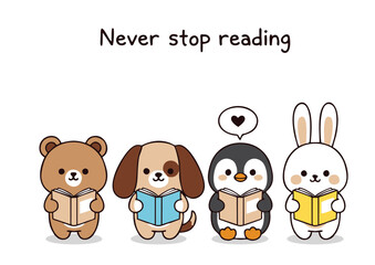 Adorable Cartoon Animals Reading Books Together: Bear Dog Penguin and Rabbit.