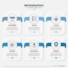 Infographic technology template. 6 Step timeline journey. Process diagram, 6 options on white background, Infograph elements, business, education, modern vector illustration