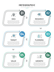 Infographic technology template. 6 Step timeline journey. Process diagram, 6 options on white background, Infograph elements, business, education, modern vector illustration