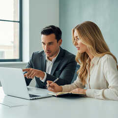 Obraz premium Business Professionals Collaborating on Laptop in Modern Office Setting, Discussing Strategy and Taking Notes