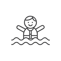 Child swimming in life jacket icon for water safety education, boating brochures, summer activity blogs, websites, educational materials, presentations
