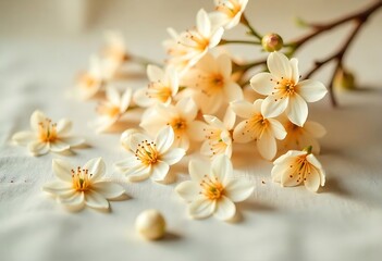 Fototapeta premium A delicate display of white and yellow cherry blooms