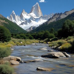 Majestic mountain peak overlooks a tranquil river valley.