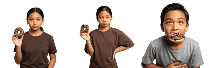 Three diverse children, two girls and one boy, looking unenthusiastic and bored while holding and eating sugary fast food donuts, highlighting common childhood aversion to bland 
